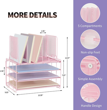 Paper Desk Organizer, 3-Tier Letter Tray with 5 Vertical File Holders, Multifunction Desktop Folder Organizers and Accessories for Home Office(Pink), LK-3CB