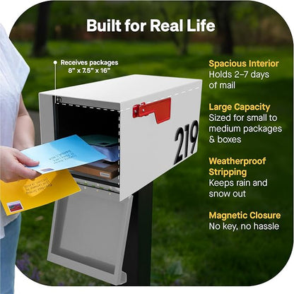 Adoorn Post Mount Outdoor Mailboxes - Large Decorative Mailbox for Letters and Packages - Weatherproof Construction - Durable Steel - Magnetic Closure - 9.5” H x 9.5” W x 20.75” D - White