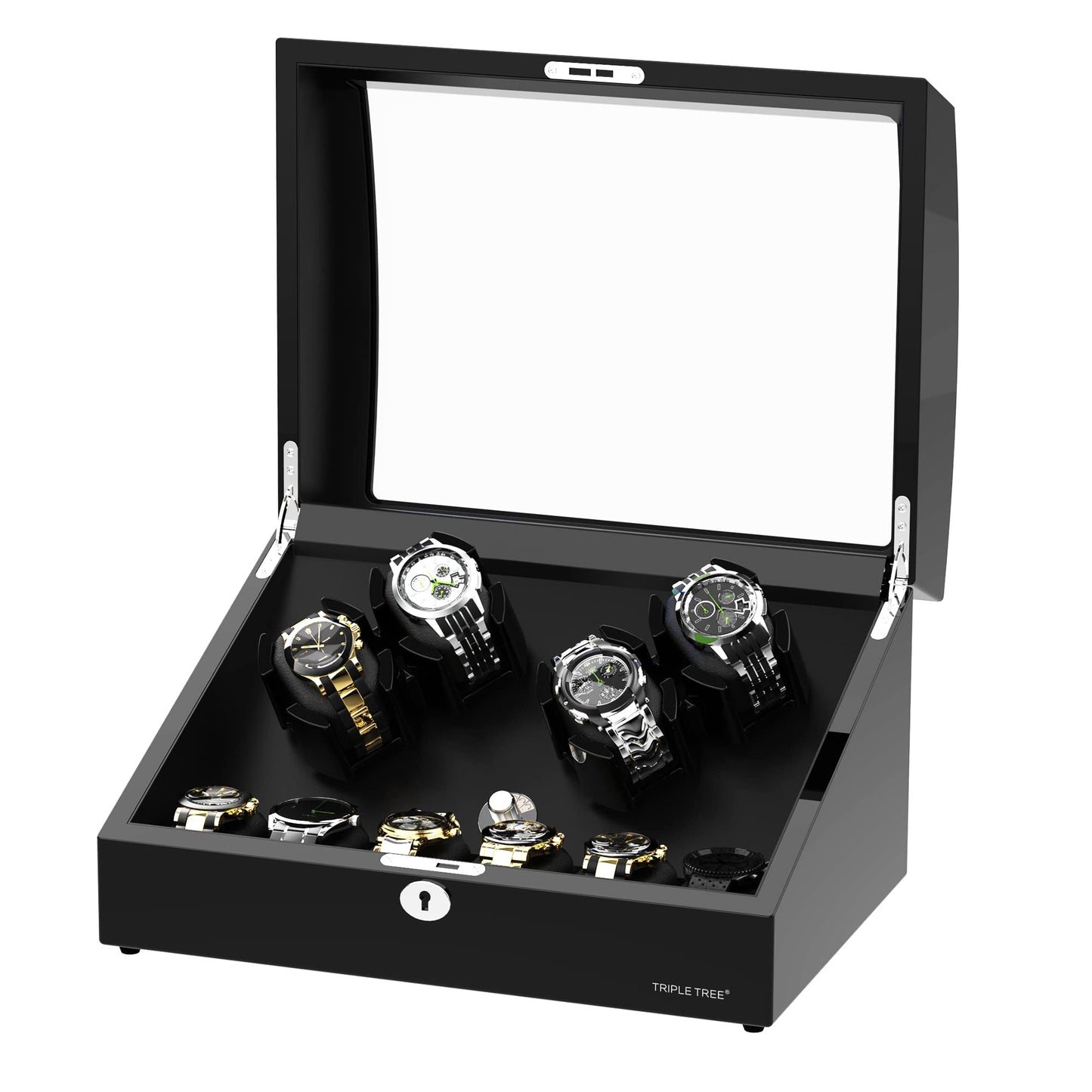 Watch Winder for 4 Automatic Watches, with Extra 6 Watch Storages, LED Illumination, Wood Shell Piano Finish, Silent Motor, Flexible Watch Pillow and USB Cable