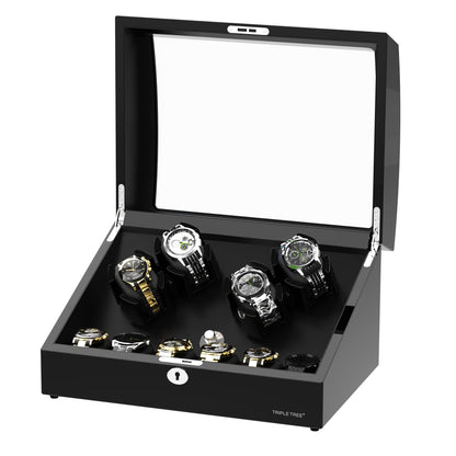 Watch Winder for 4 Automatic Watches, with Extra 6 Watch Storages, LED Illumination, Wood Shell Piano Finish, Silent Motor, Flexible Watch Pillow and USB Cable