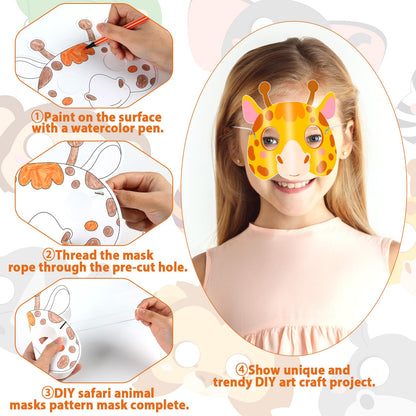 63Pcs Color Your Own Animal Masks Crafts for Kids DIY Paper Blank Jungle Animal Party Favors Lion Tiger Monkey Masks Making Kits with Ropes for School Class Activities Birthday Party Supplies