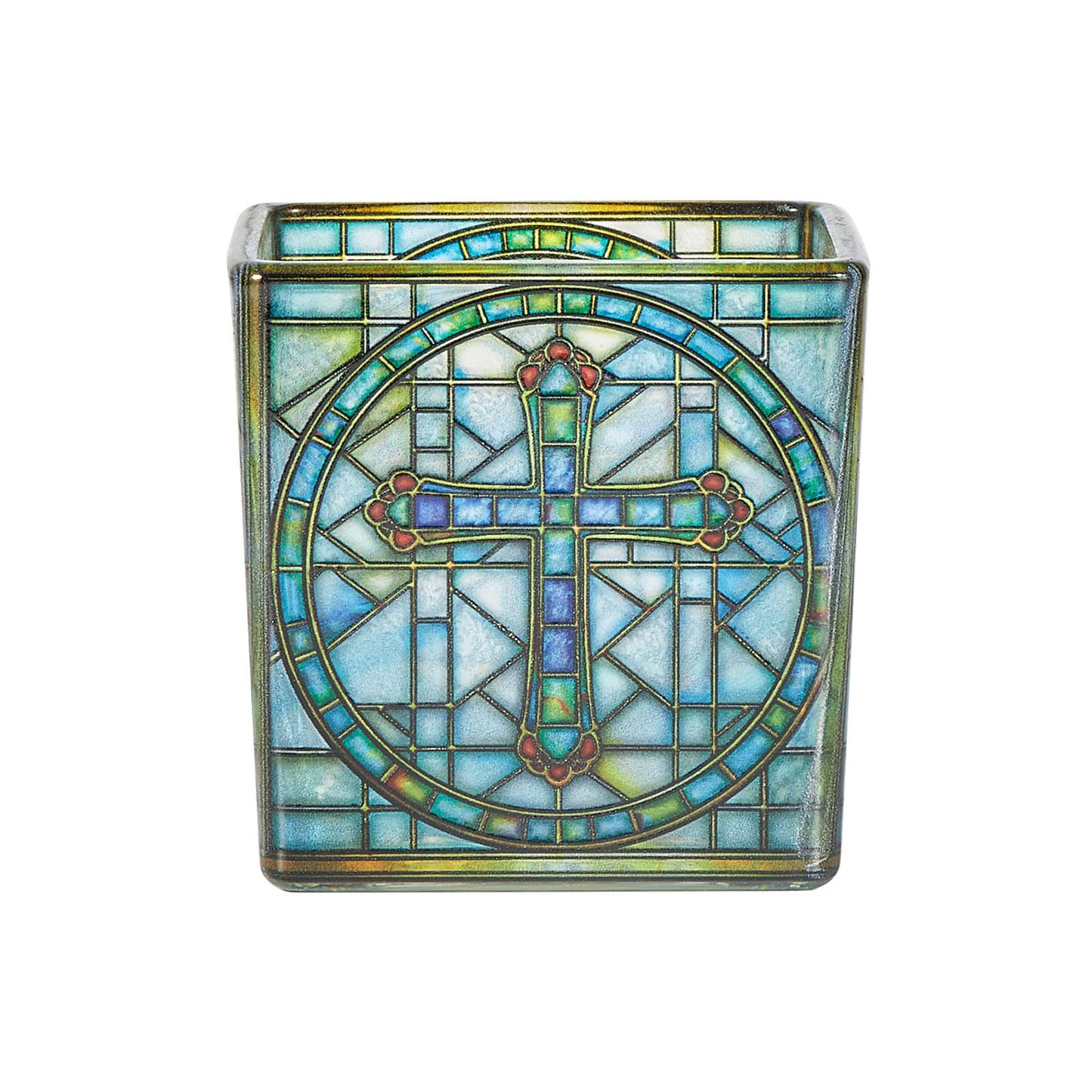Square Glass Vanity Organizer Religious Cross Altar Ofrenda Qtip Holder Makeup Brush Holder Pen Cup Tealight Candle Holder Table Decor Bronze