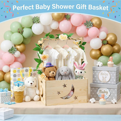 Jowgut Wooden Baby Shower Crate Closet, Large Capacity Toy Storage Basket with Handle Hanger Garland, Easy Assembly Storage Nursery Crate Hamper Personalized Gift Basket for New Parents