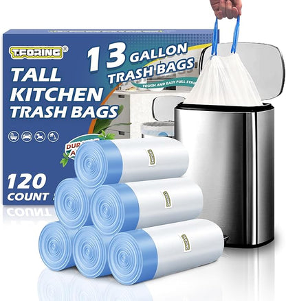 13 Gallon Trash Bags Drawstring 120 Count, 1.7 Mil Thick White Garbage Bags