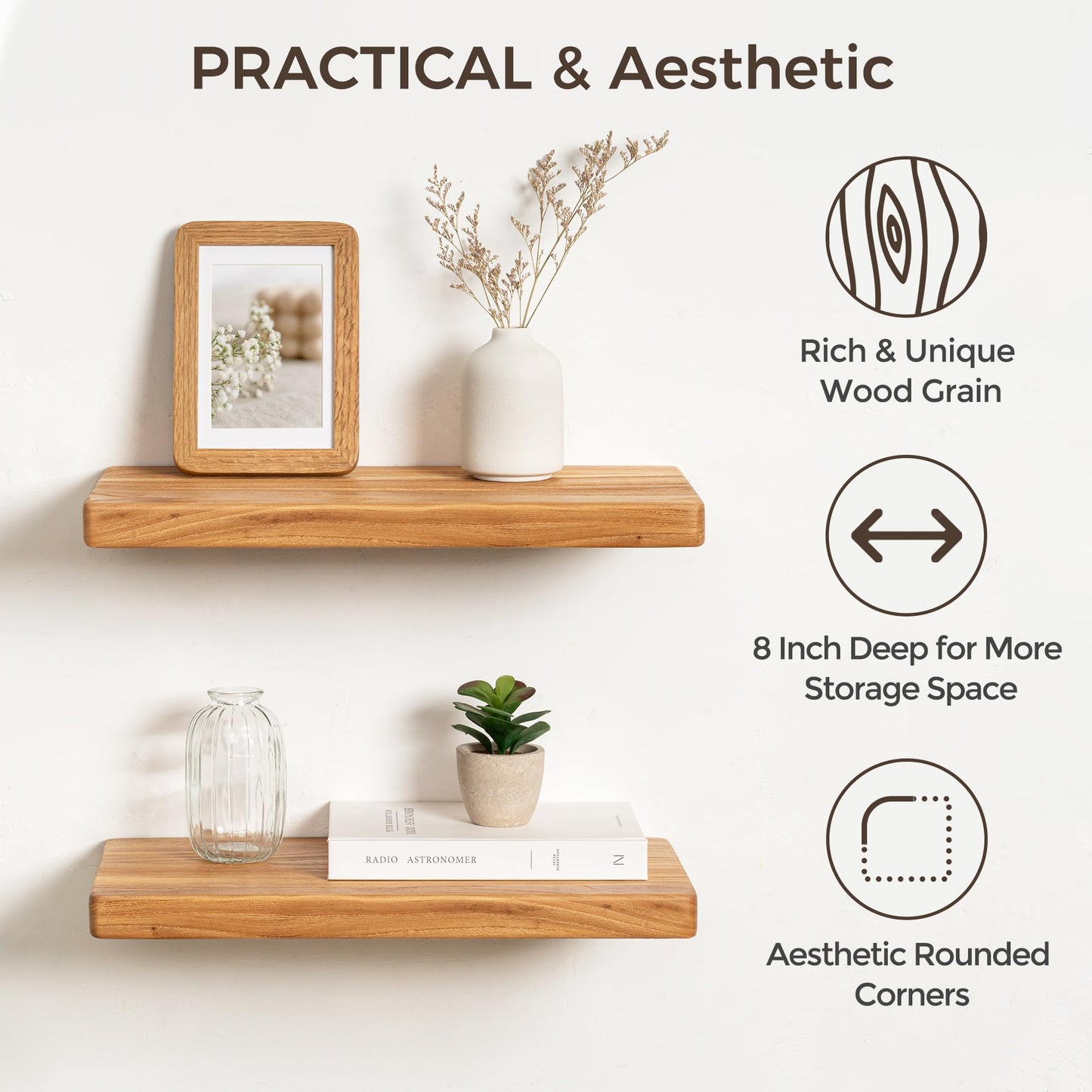 Fun Memories Rustic Solid Elm Wood Floating Shelves, 18" W x 8" D Floating Shelf Wall Mounted, 8 Inch Deep Wall Shelves, Wooden Bathroom Shelf for Home, Deep Bookshelf for Living Room, Set of 2