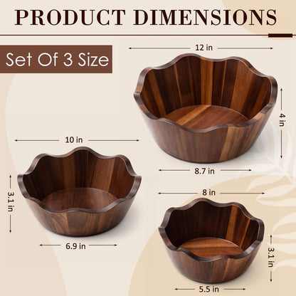 Hushee 3 Pcs Acacia Wooden Salad Bowls Set, 8/10/12 Inch Decorative Scalloped Salad Bowls, Large Wood Serving Mixing Bowl for Fruit, Pasta, Snacks, Weddings, Natural Housewarmings Gifts