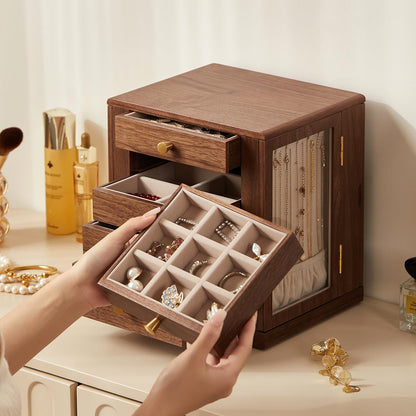Homruilink Black Walnut Wooden Jewelry Box - 360° Rotating Jewelry Organizer for Women with 5 Drawers for Rings,Necklaces,Earrings and Bracelets -Large Storage Case - Fathers Day Gift