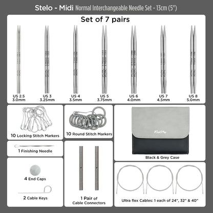 KnitPro Stelo Midi Normal Interchangeable Needle Set 5" (13cm) | 7 US Sizes (2.5 to 8)