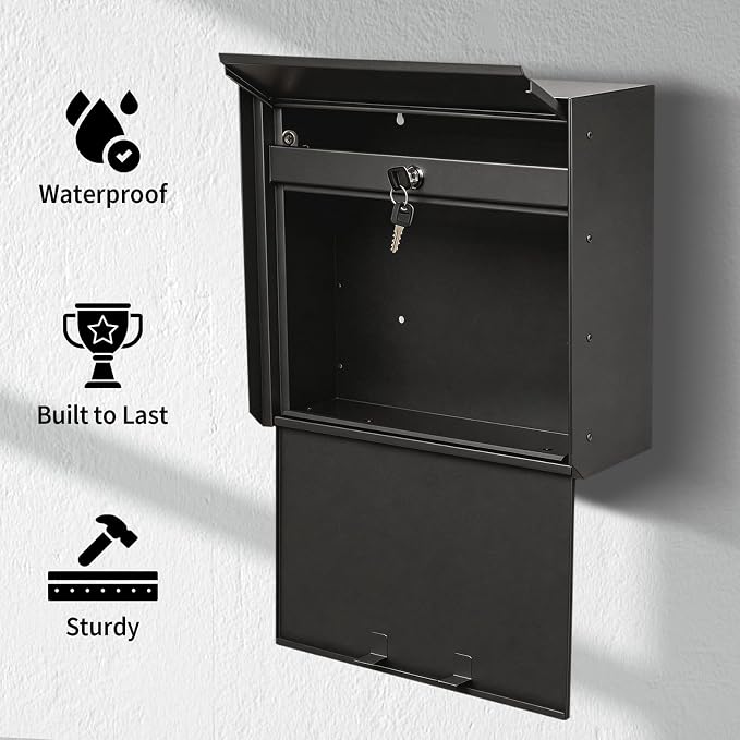 Wall Mount Mailbox for House Outside, Anti-Theft Locking Mailbox, Weatherproof Mailboxes 13.5" H x 15" L x 5.5" D, Black