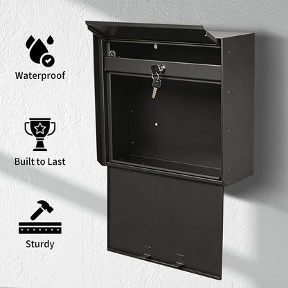 Wall Mount Mailbox for House Outside, Anti-Theft Locking Mailbox, Weatherproof Mailboxes 13.5" H x 15" L x 5.5" D, Black