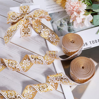 GORGECRAFT 15 Yards x 1.3 Inch Jacquard Ribbon Metallic Gold Ethnic Embroidered Woven Satin Roll Double Side Boho Fabric Floral Sewing Webbing Wrapping Strap Trim for DIY Crafts Home Curtain Decor