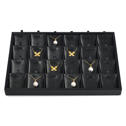 Papten 24 Grids PU Leather Necklace Tray Jewelry Display Tray for Drawers With Removable Jewellery Cards Necklace Pendant Tray (Black)