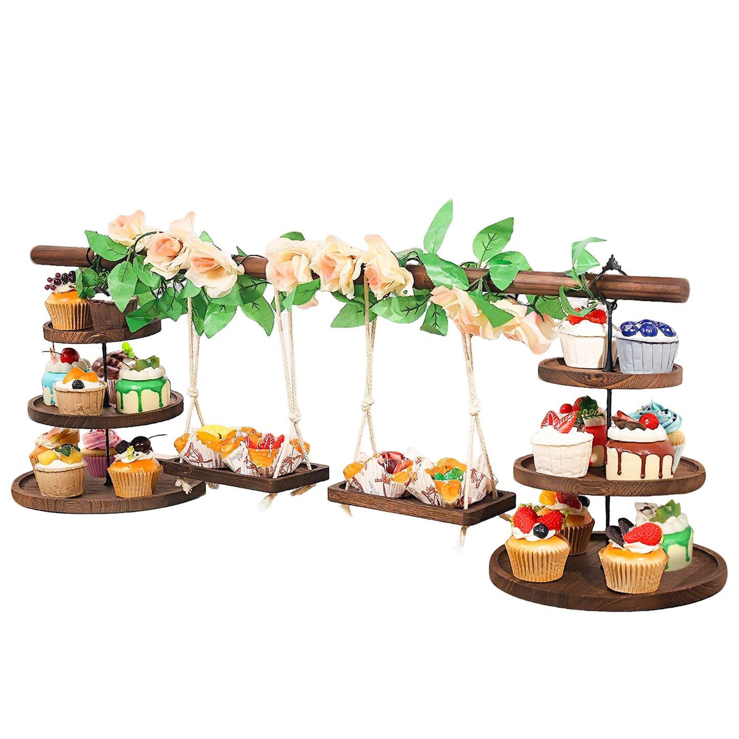 Wooden 3 Tier Cupcake Stand with Swing and Rose Vines Decor, Dessert Table Display Set Removable Serving Tray Cupcake Tower Centerpiece for Tea Party Birthday Baby Shower Wedding
