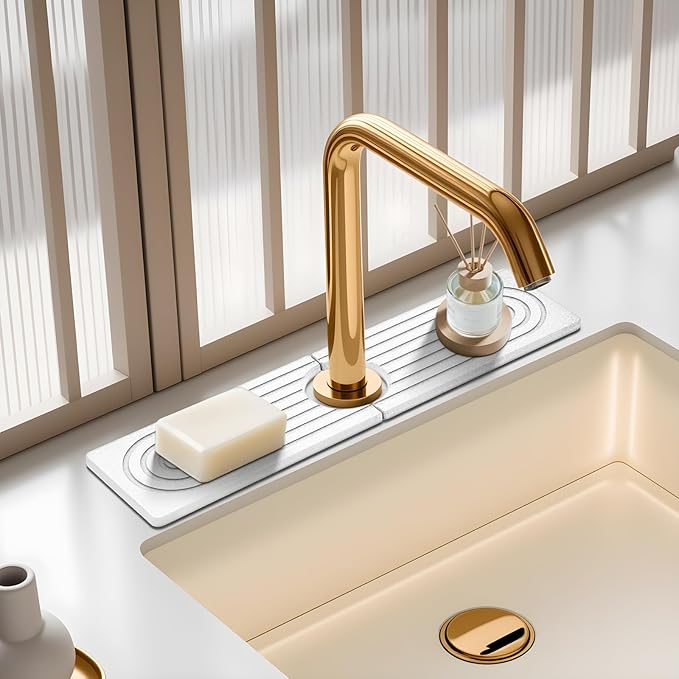 White Diatomite Faucet Mat, Fast-Drying Stone Sink Tray&Splash Guard