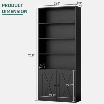 Shintenchi Bookshelf, Industrial Bookshelves and Bookcases with Doors Floor Standing 6 Shelf Display Storage Shelves 70.9 inches Tall Bookcase for Home Office, Living Room (Black)