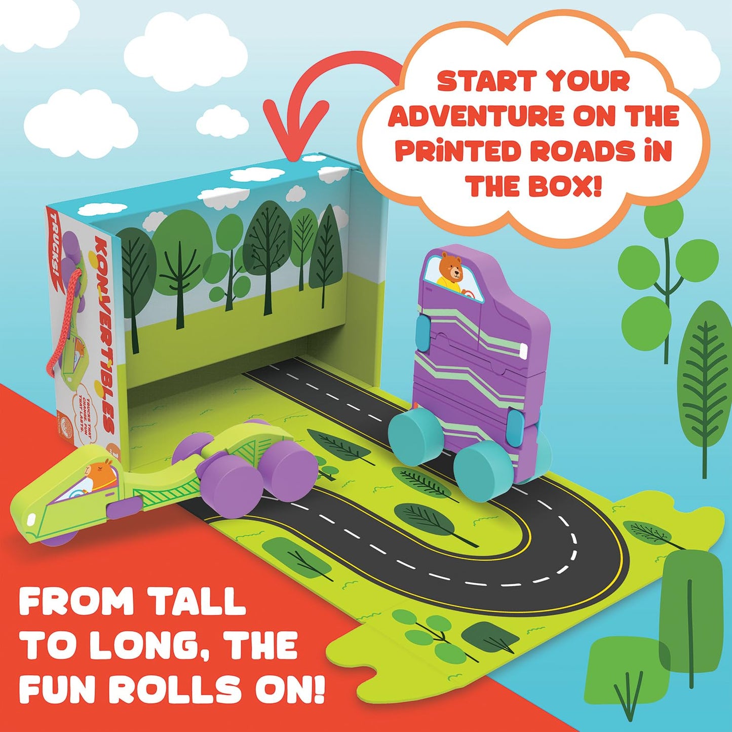 MindWare Konvertibles Transforming Wooden Trucks – 2‑Piece Flip‑&‑Change Vehicle Set with Carry‑Along Box that Becomes 3‑D Road Scene, Toddler Toy for Ages 18 Months +
