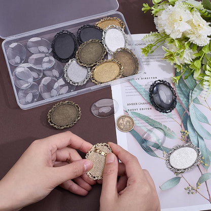 CRAFTYMELODY 12 Sets Brooch Cabochon Making Kit 4 Styles Vintage Oval Brooch Blank Bezel Oval Brooches Pins Trays with Clear Glass Cabochons for Bridal Wedding Graduation Jewelry Making DIY Craft