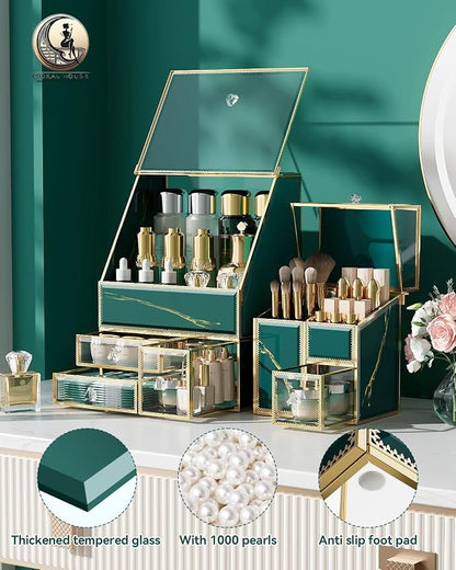 CoralHouse Vintage Green Glass Makeup Organizer with Lid, 3-Piece Vanity Organizer with Gold Frame, Cosmetic Display Case for Skincare, Perfume, Lipsticks, Brushes, Bathroom Countertop & Dresser