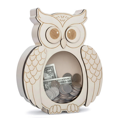 Owl Piggy Bank for Kids, Paint Your Own DIY Owl Bank with Clear Window, Wooden Savings Box for Coins and Bills, Room Decor Gift