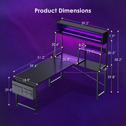 AODK L Shaped Gaming Desk with Led Lights, 51 Inch Reversible Gaming Computer Desk with Display Shelves, PC Gamer Desk Gamer Table with Storage Bag, L Desk for Game, Black