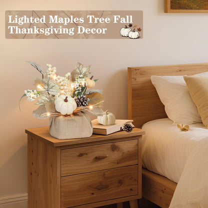 2 Styles & Timer Fall Decor- 2 Pack 11 Inch Tabletop Maple Tree Fall Decorations for Home, Lighted Fall Trees with 20 LEDs Battery Powered Leafed Pumpkin Cones Berry Autumn Thanksgiving Decorations