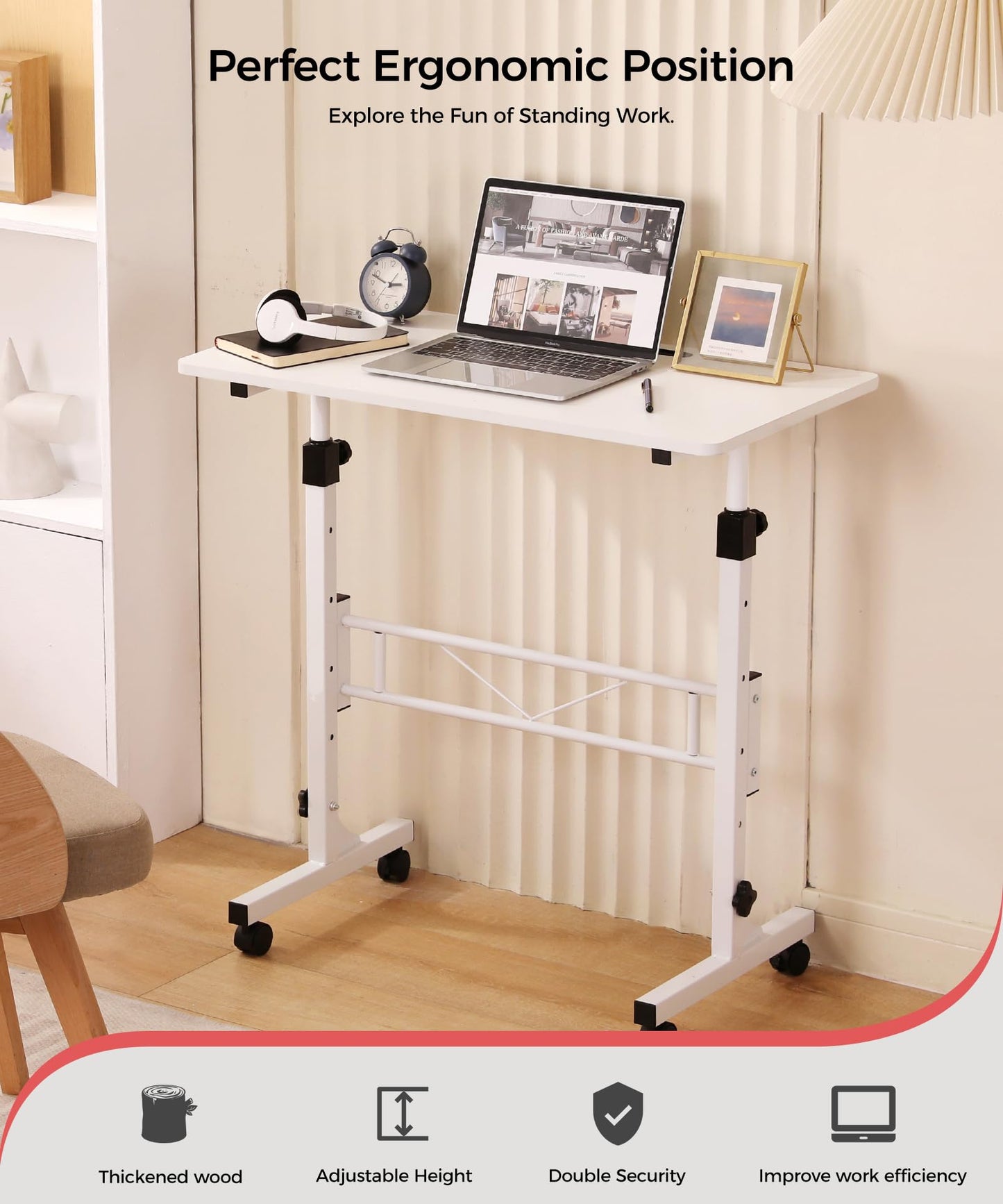 KLSMYHOKI Portable Standing Desk Adjustable Height, Small Computer, Laptop, Mobile Stand Up Rolling Desk with Wheels, Table for Home Office, 16"x31.5" Height 27"-43.5", White