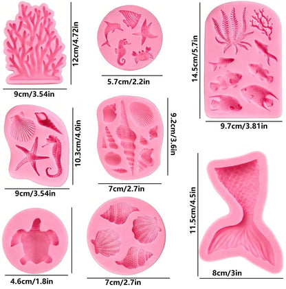 8 PCS Marine Theme Fondant Silicone Mold Seashell Seaweed Sea Fish Coral Conch Sea Turtle Shape DIY Handmade Baking Tools for Cake Cookie Chocolate Candy Decoration Crafts Polymer Clay
