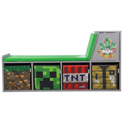 Minecraft: Storage Bench - Wooden Storage w/Cushioned Reading Shelf, 4 Themed Storage Cubes, Seating & Organization In 1, Game Theme Décor, Licensed