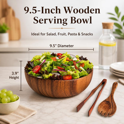 TNCANJU Acacia Wood Salad Bowl Set with Serving Utensils, 9 Inch Wooden Serving Bowl with Salad Fork and Tongs, One-Piece Glue-Free Crack Resistant Bowl for Salad, Fruit, Pasta and Snacks