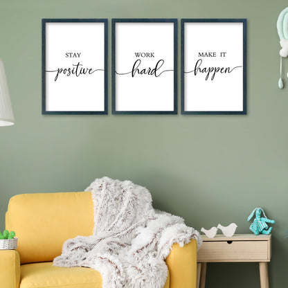 SRSZHIYUE Office Motivational Decor 16"×11" Set of 3 Stay Positive Work Hard Make It Happen Inspirational Quotes Wooden Framed Wall Hanging Art (Black)