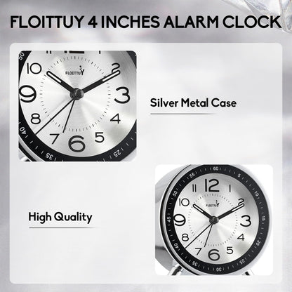 FLOITTUY Super Silent Metal Alarm Clock,Beep Wake Round Alarm Clock with Strip Night Light,Battery Operated,Easy Set,Simple & Retro for Desk, Bedroom and Home Decoration(Metallic Silver)