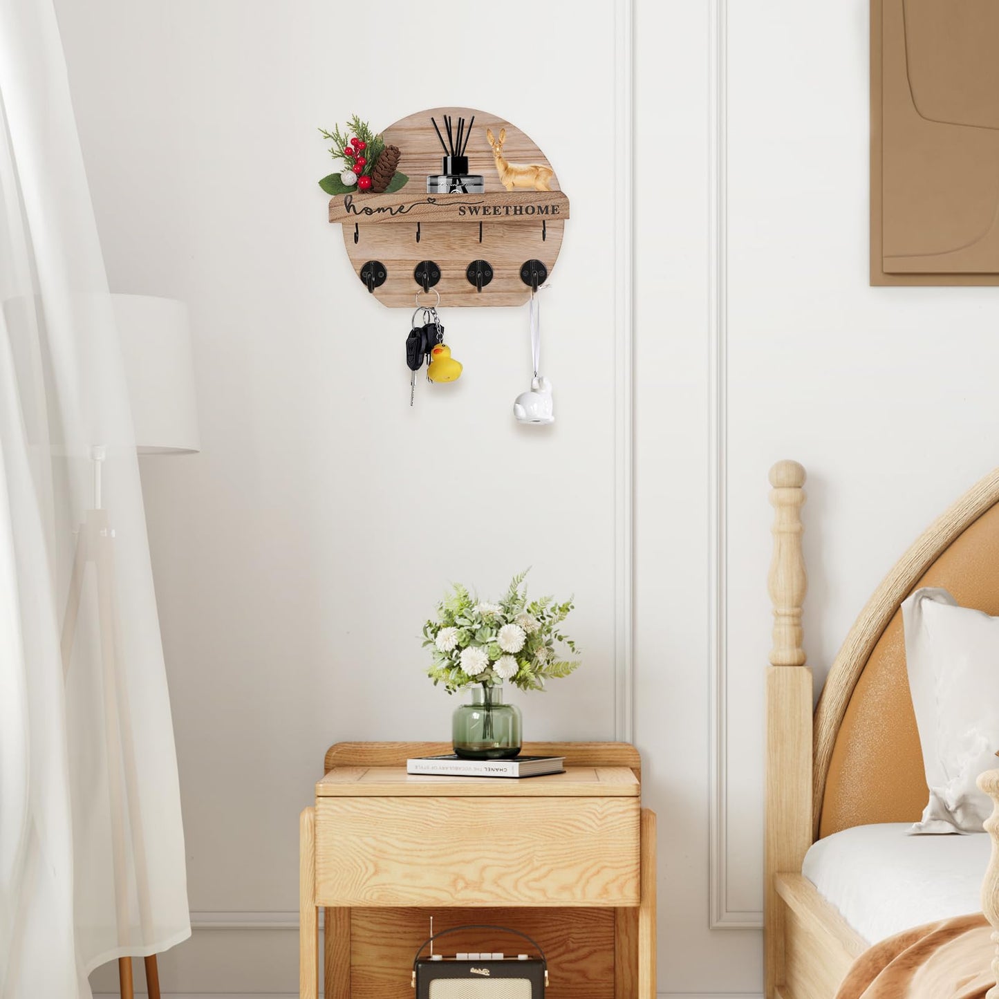 LEIRUOTM Key Holder for Wall, Key and Mail Holder Organizer - Key Holder Wall Mount with Bouquet Shelf and Key Hooks, Round Wooden Rustic Key Rack for Entryway and Home Decor (Wood)