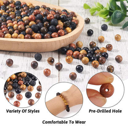 KISSITTY 300Pcs 6 Style Natural Wood Round Gemstone Beads Kit for Easter 8mm Lava Rock Bead & Grade AB Tiger Eye Wood Bead Natural Polished Wooden Ball Loose Beads for Men Bracelet Jewelry Making