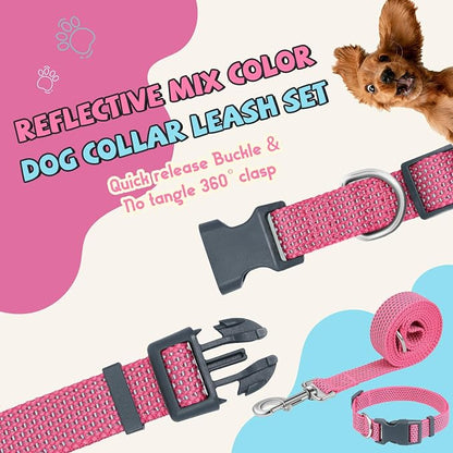 Reflective Dog Collar and Leash Set, Nylon Dog Leash with Heavy-Duty Steel D-Ring, Adjustable with Quick Release Buckle for Small Dogs, Pink S