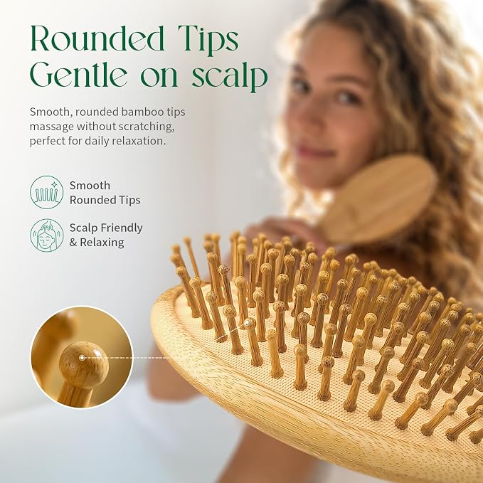 Bamboo Hair Brush - Natural Wooden Paddle Brush for Women & Men, Rounded Bamboo Bristles for Scalp Massage & Detangling, Gentle Hairbrush for All Hair Types