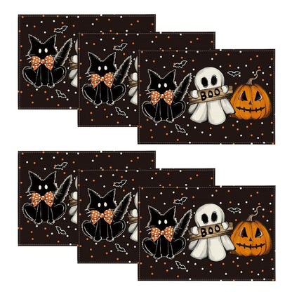 Artoid Mode Polka Dot Ghost Pumpkin Cat Boo Halloween Placemats Set of 6, 12x18 Inch Seasonal Fall Table Mats for Party Kitchen Dining Decoration