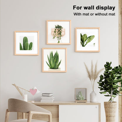 KINLINK 12x12 Picture Frames, 4 Pack Natural Solid Wood Square Frames for Art, 8x8 Matted or 12x12 Frame without Mat, Wall Display Photo Frame