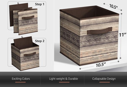 Sorbus Foldable Storage Cube Basket Bin, Rustic Wood Grain Print, 4-Pack (Rustic Bin - Brown)