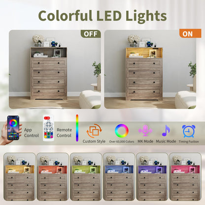 GarveeHome Tall Dressers with 4 Drawer Storage and LED Lights, Gray Wood Chest of Drawers with Charging Station for Bedroom, Living Room, Closet, Hallway, Wooden Nightstand Dresser for Bedside