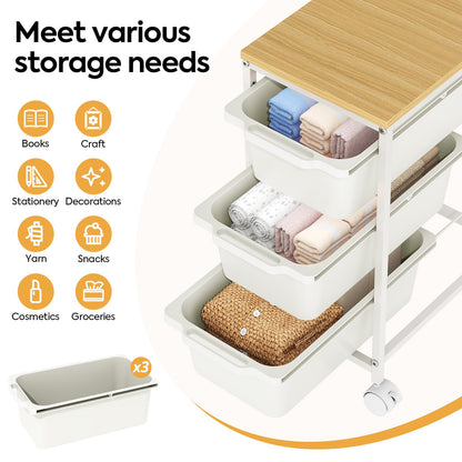 Slim Rolling Storage Cart with 3 Drawers, Craft Organizer, Wooden Tabletop Utility Cart for Bedroom, Children's Room and Office Organization, Under Desk Trolley with Lockable Wheels,White