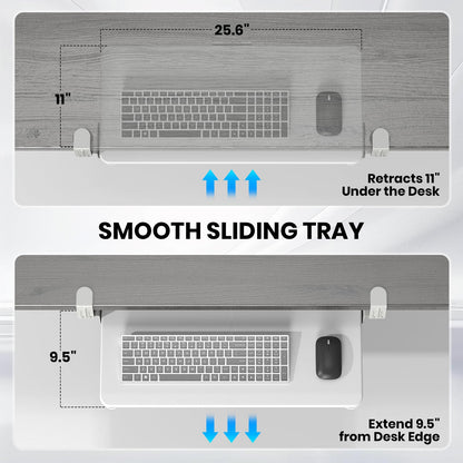 Keyboard Tray Under Desk, Pull Out Keyboard & Mouse Tray with Adjustable C-clamp, 25.6(31.5 Including Clamps) x 11.8 Inch Slide Out Computer Keyboard Drawer Mouse Tray for Typing,White