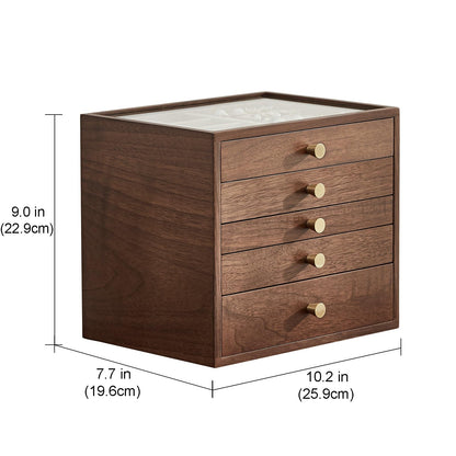 Homruilink Black Walnut Wooden Jewelry Box Women large 5 Layer Drawer Wood Organizer Box with Glass Lid for Necklaces, Watch, Necklace, Ring, Earring Storage - Fathers Day Gift
