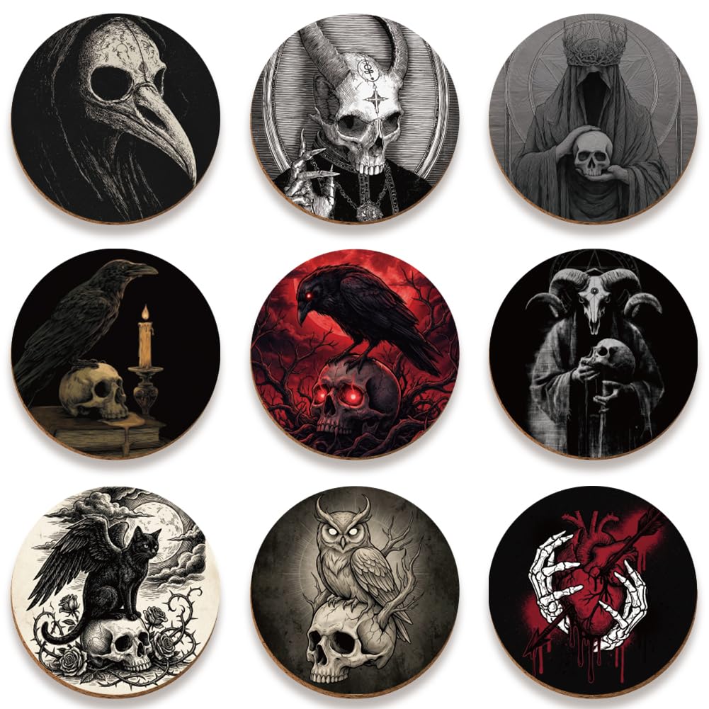 SUPERDANT 9 pcs Gothic Wood Coasters Set Skull Raven Black Cat Design Easy Clean Halloween Housewarming Gift for Bar Kitchen 10x10cm