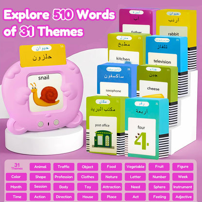 MoLingvora Bilingual Talking Flash Cards for Kids - Arabic English Flashcards Children Adults, 510 Sight Words, ABC Alphabet, Pocket Speech for Toddlers, Audible Sensory Toys (Arabic, Pink)