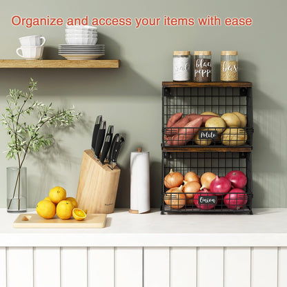 Goozii Hanging Wall Fruit Basket for Kitchen Counter 2 Pack, Stackable Wire Baskets for Organizing with Wood Lid, Potato and Onion Storage Bin with Banana Hook for Vegetable Produce, Black + Rustic