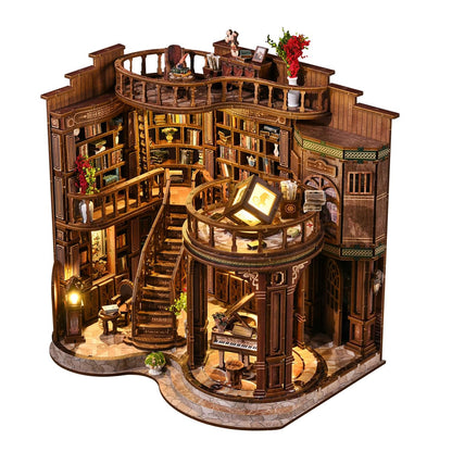 Kubelyx Library Book Nook Kit - DIY Miniature House Kit & Dollhouse Craft for Adults and Teens, 3D Wooden Puzzle with LED Light, Tiny Bookshelf Decor, Gifts for Family and Friends (Fantasy Library)