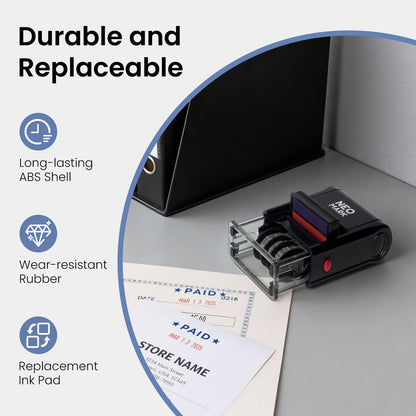 NEO MARK Self-Inking Date Office Stamp with Paid Blue Ink & Date Red Ink, 12-Year Adjustable Rubber Dater, Ideal for Documents, Business & Accounting - with an Extra Refill Ink Pad