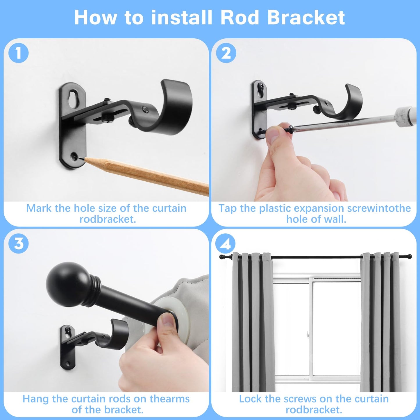 AMZSEVEN Curtain Rods for Windows 16 to 48 Inches, Curtain Rod Max Adjustable Length of 60 IN, 1" Diameter Drapery Rods Round Finials, Black, Pack of 1