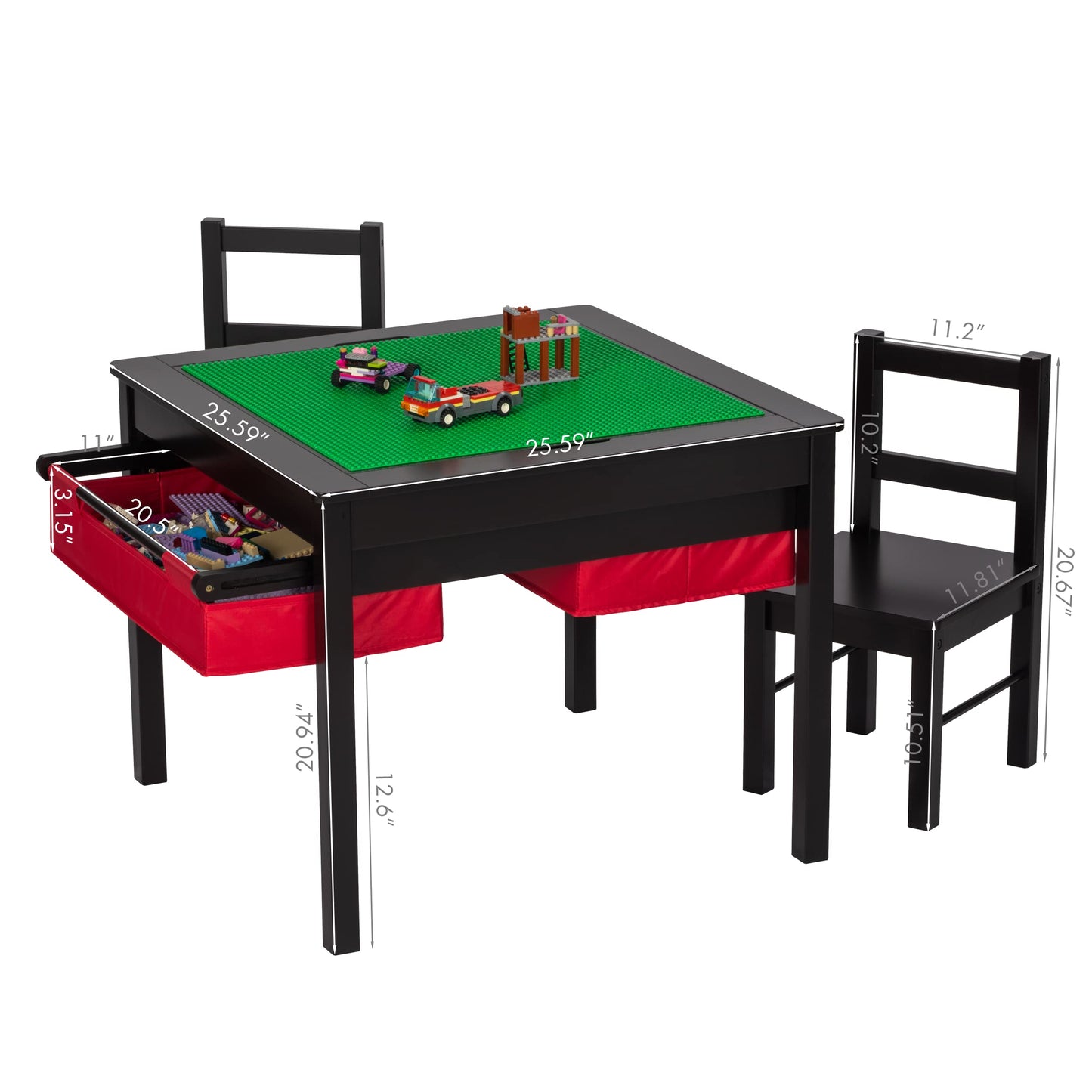 UTEX Wooden 2 in 1 Kids Construction Play Table and 2 Chairs Set with Storage Drawers, and Built in Plate Compatible with Lego and Duplo Bricks(Espresso with Red Drawers)