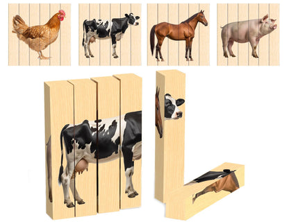 Wooden Animal Chunky Puzzles for Toddlers 2+ Years - Montessori 4 in 1 Farm Animal Block Puzzle Toy